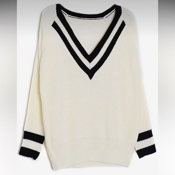 Sweaters - Cream and Black Varsity V Neck Sweater Size Small Oversized Preppy Schoolgirl